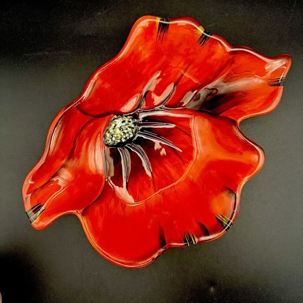 Vintage Clay Art Poppies Red Flower Shaped Ceramic Serving Bowl Dish 10.5”